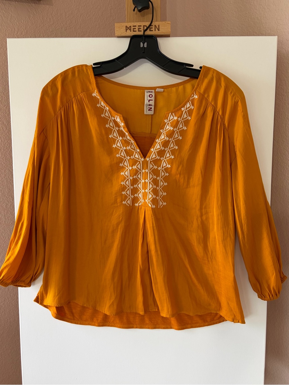 Dolan Anthropologie Alvia Mustard Yellow Embroidered Boho Peasant Blouse S